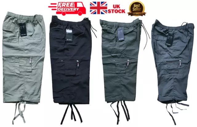 Men's 3/4 Shorts Elasticated Waist Long Length Cargo Combat Three Quarter Pants