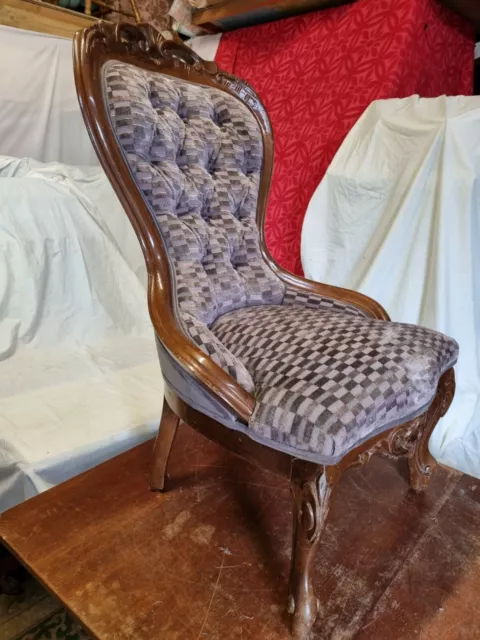 Victorian Style Low Button Backed Nursing Bedroom Chair in Grey's Check Material