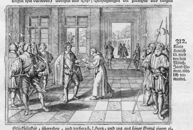 1700 Jacques Clemens Henri III Verwundung Wound Antique Copperplate Merian