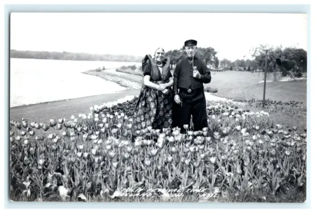 Tulip Festival Time Holland MI RPPC Old Couple Portrait Smoking