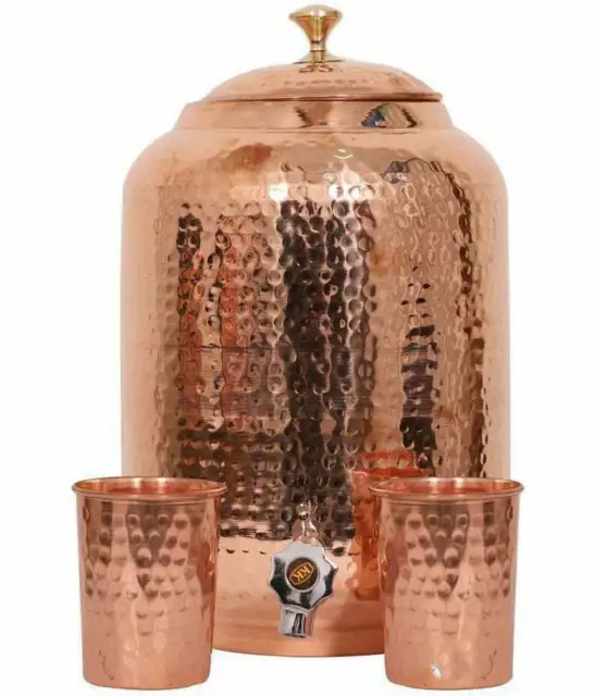 100% Pure Copper Dispenser Handmade Water Pitcher Pot 4L With 2 Serving Glass