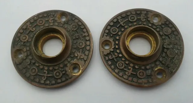 Pair Antique Brass Door Knob Rosettes Victorian Eastlake Fancy Door Hardware