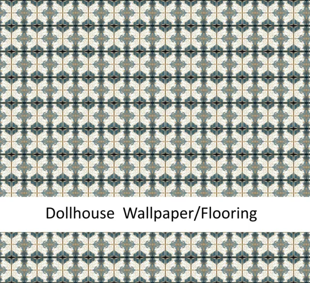 Dollhouse Wallpaper or Floor Tile Victorian Blue White Gold 1:12 Scale