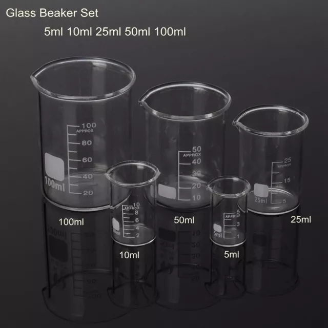 5X 5-100ml Lab Glass Cup Beaker Borosilicate Laboratory Measuring Glassware Set