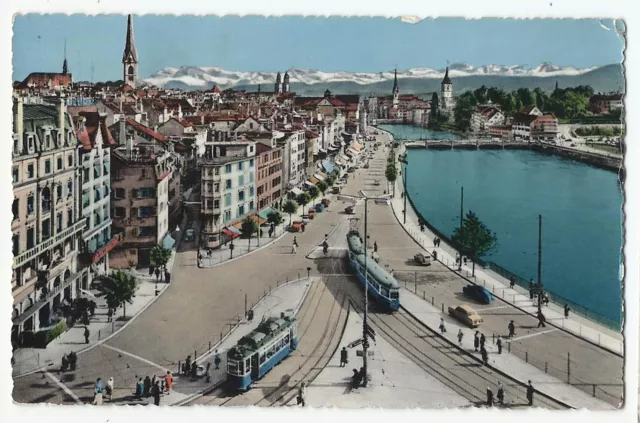 Zurich Switzerland, Old Postcard, View of Limmatquai, Colored, 1956