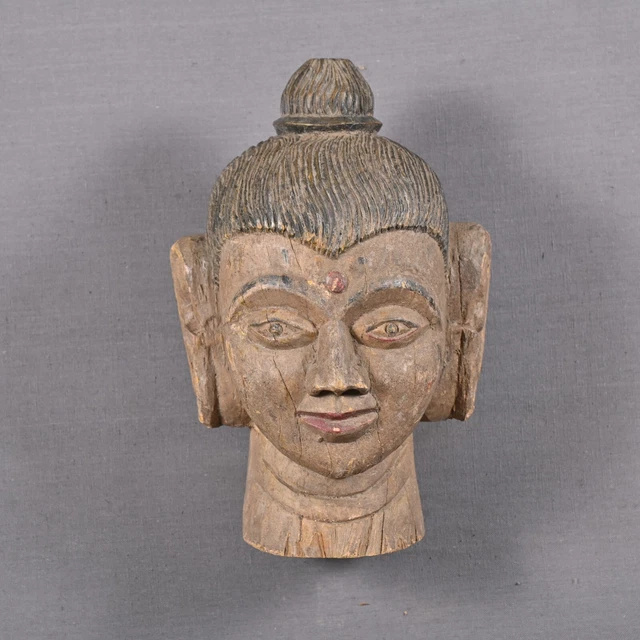 Vintage Serene Buddha Wooden Face Mask Indian Art Hand Carved Wall Hanging Decor