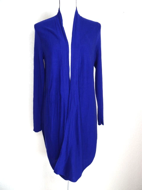 Eileen Fisher Size L Fine Knit Merino Wool Cardigan Blue Round Hem Open Front