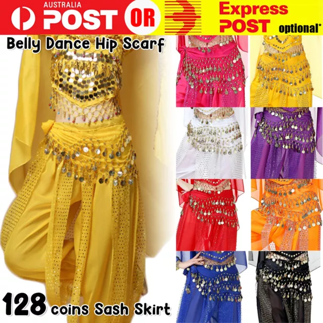 3 Rows 128 Coin Beads Belly Dance Dancing Hip Scarf Belt Chain Skirt Golden Tone