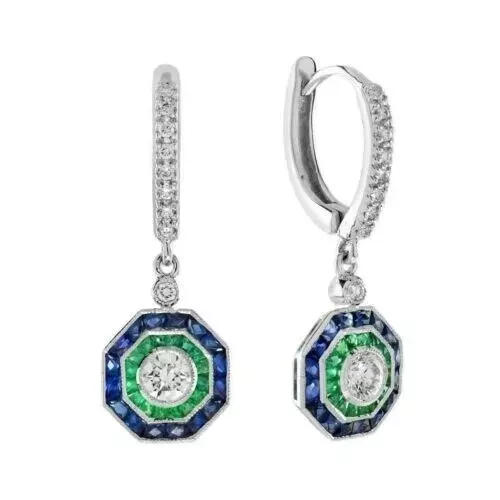Art Deco Style Lab Created Diamond & Emerald  14k White Gold Filled Earrings