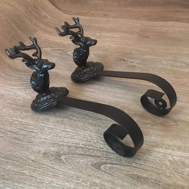 VTG Set (2) Black Cast Iron Reindeer Stocking Holders Christmas Stag Deer Hearth