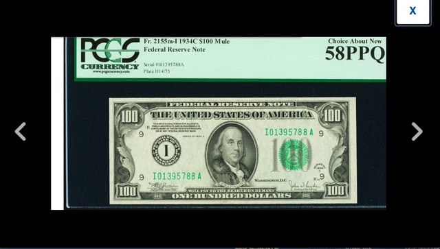 MINNEAPOLIS Fr. 2155-I $100 1934C Mule Federal . PCGS Choice About New 58PPQ