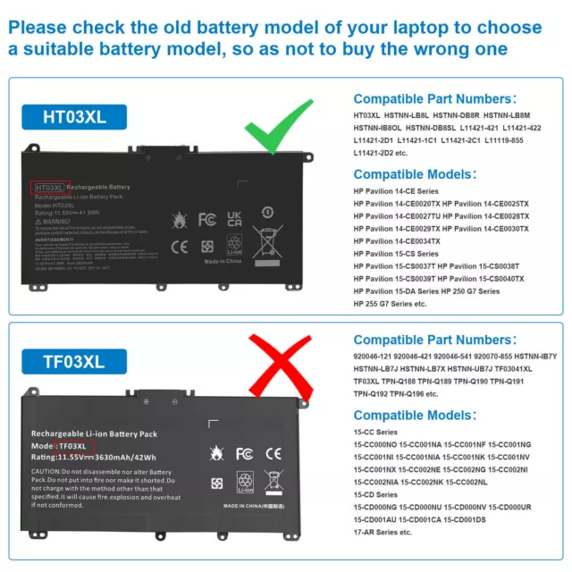 ✅HT03XL Battery for HP Pavilion L11421-2C2 L11119-855 14-CE 14-CF 15-CS 15-DA PC 2