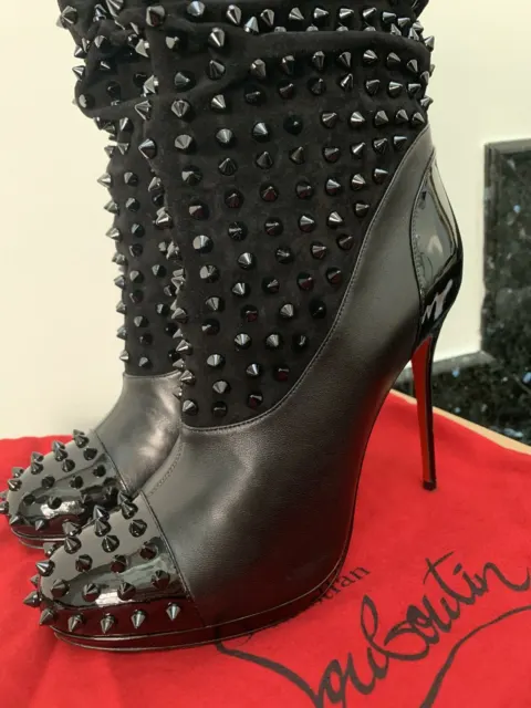 CHRISTIAN LOUBOUTIN BLACK Patent Leather Toe Suede Mid Calf Pull On ...
