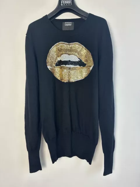 Markus Lupfer black merino wool gold sequin lips jumper, L