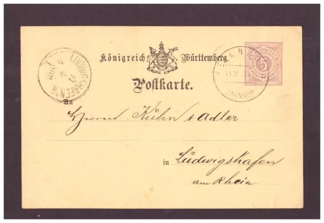 Postkarte Württemberg - 1877 Ludwigshafen / Bahnhof / Heilbronn - Jacob Adler