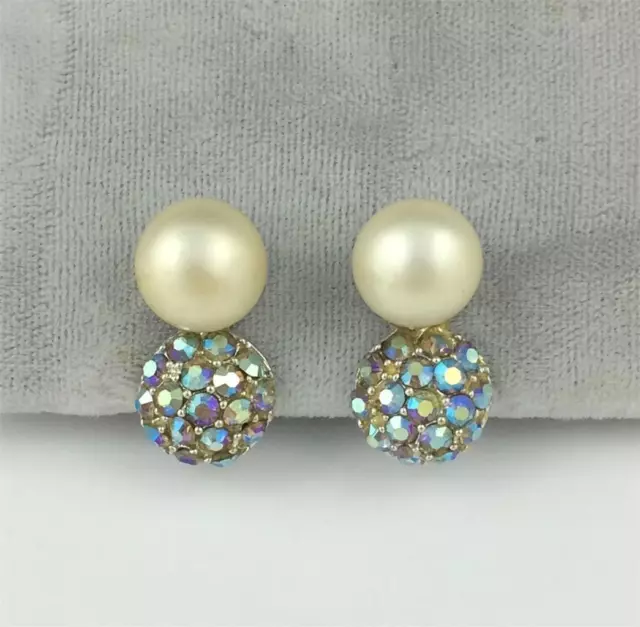 Vintage 12MM Faux Pearl & Iridescent Rhinestone Cluster Earrings