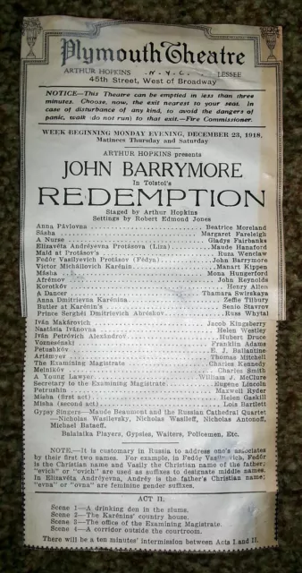 Redemption John Barrymore Thamara Swirskaya 1918 Plymouth Theatre NYC RARE