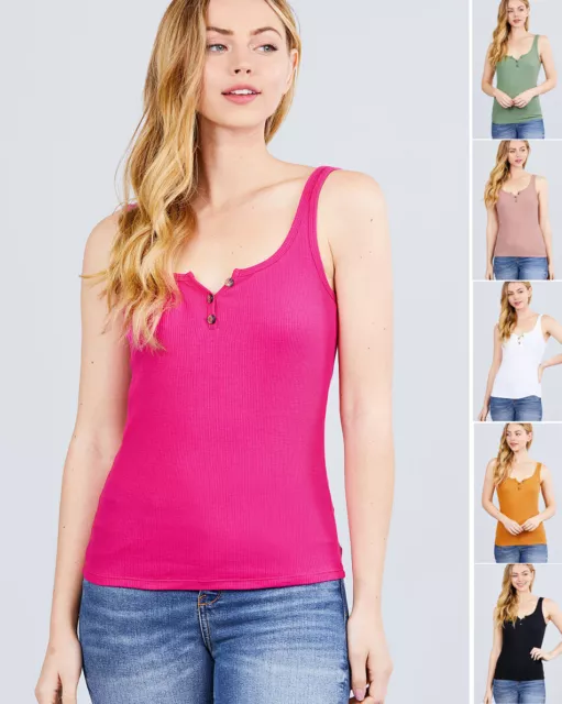 Women's Scoop Neck Henley Tank Top Solid Soft Stretch Knit Cotton Sleeveless