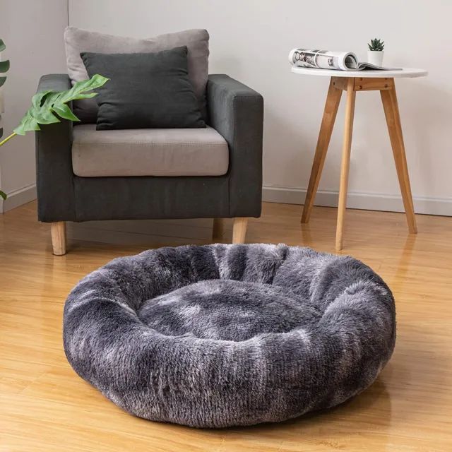 Calming Faux Fur Donut Cuddler Dog Bed Washable Round Cat Bed Pillow Grey Large