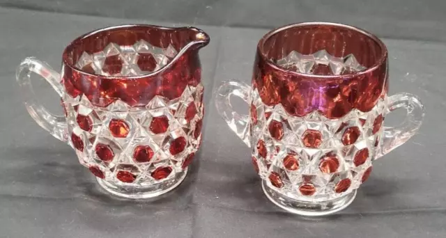 EAPG Ruby Stain Red Dot Pattern Footed Creamer and Sugar Bowl with Handles
