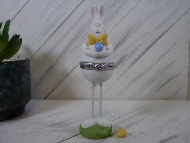 SGE Tall Easter Bunny with Blue Egg Porcelain Hinged Trinket Box Egg Trinket L4