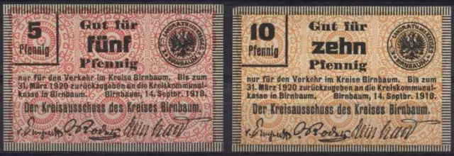 [11886] - 2 x NOTGELD BIRNBAUM (heute: Międzychód), 5 + 10 Pf, 14.09.1918, Tiest