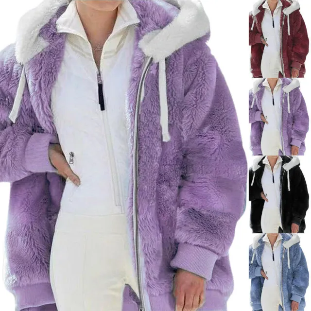 Women Fluffy Coat Hooded Thick Warm Teddy Bear Fleece Jacket Plus Size Outwear