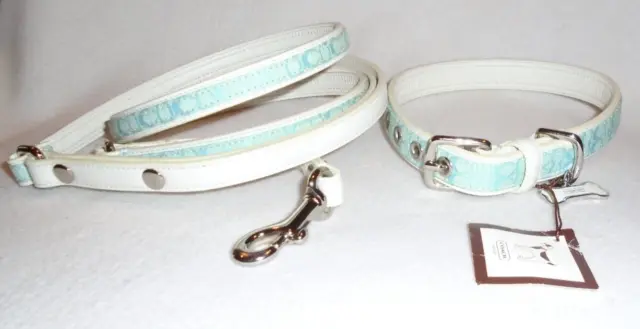 New Coach Blue Jacquard Signature C Leather Dog Collar Leash Set Medium 60364