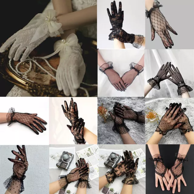 Damen Kurz Blumenspitze Fingerlose Handschuhe Gothic Party Braut Hochzeit @ ❤️