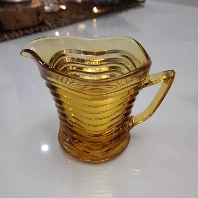 Beautiful Vintage  Ribbed Amber Glass Creamer Jug Depression Glass Era