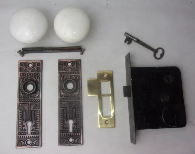 Antique Set EASTLAKE Backplates White Porcelain Door Knobs Mortise Lock w/ Key