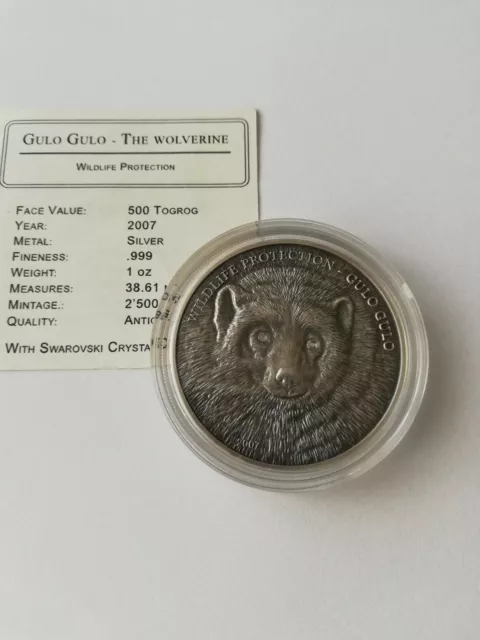 2007- Mongolia 500 Togrog Wolverine Gulo Gulo 1oz Silver Wildlife Protection