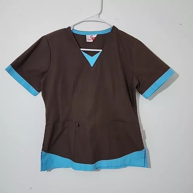 White Cross Scrub Top Womens S/M Brown Short Sleeve Pullover Nurse Medical