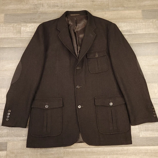Tasso Elba Sport CoatMens Large Brown Plaid Wool Blend Blazer 2 Unstructured