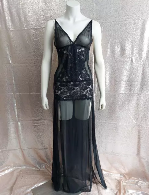 RISQUE LACY SHEER BLACK 1990s Vintage NYLON NIGHTGOWN NEGLIGEE - XL