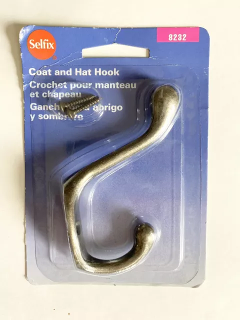 Vintage 1997 Selfix Inc. Antique Brass Coat & Hat Hook New  included Screws
