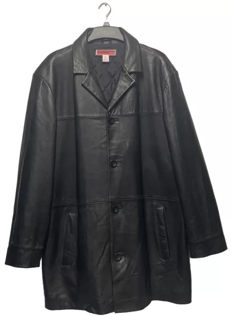 Merona Men’s Long Genuine Black Leather Button Up Coat Size XL