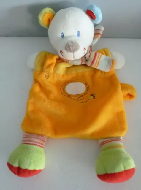 N. DOUDOU PLAT OURS NICOTOY orange jaune vert jambe écharpe rayée- TBE Lire svp