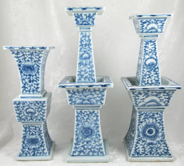 Antique Chinese Altar Set 3 Blue White Porcelain Candle Stands Wedding Ceremony