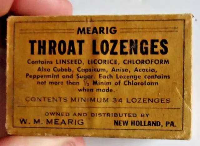 Antique Advertising Medical Box Mearig Throat Lozenges , New Holland PA