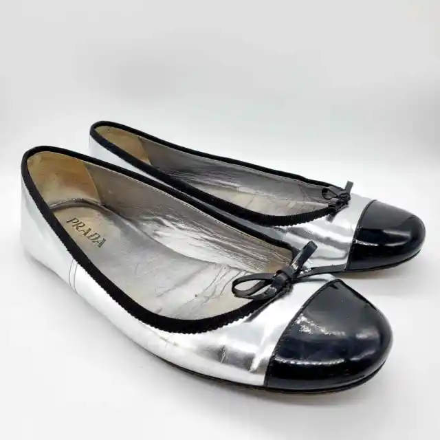 PRADA Silver Patent Leather Bow Accents Metallic Ballet Flats Women's Size 36.5