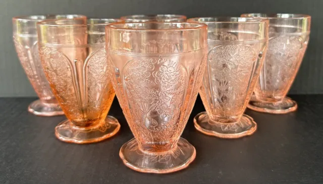 Jeanette Cherry Blossom Pink Depression Glass 8 Oz Footed Tumblers 4.5" Set of 6