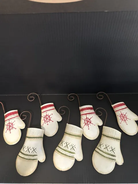 Christmas Painted Metal  Hanging Ornament Mittens Lot Of 7.    3 Green 4 Red