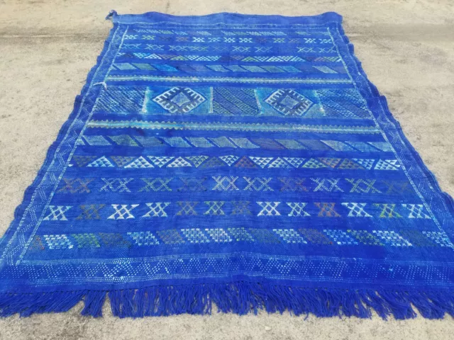 Lana oriental tradicional hecha a mano azul Kilim 4,5x3 ft fina envejecida vintage tradicional hecha a mano