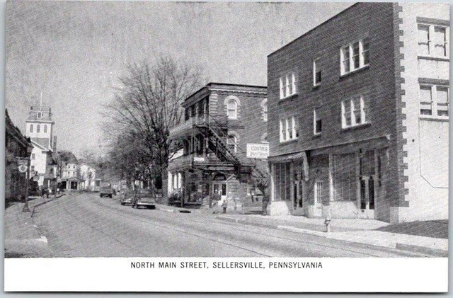 Sellersville, Pennsylvania Postcard "NORTH MAIN STREET" Downtown Scene c1940s