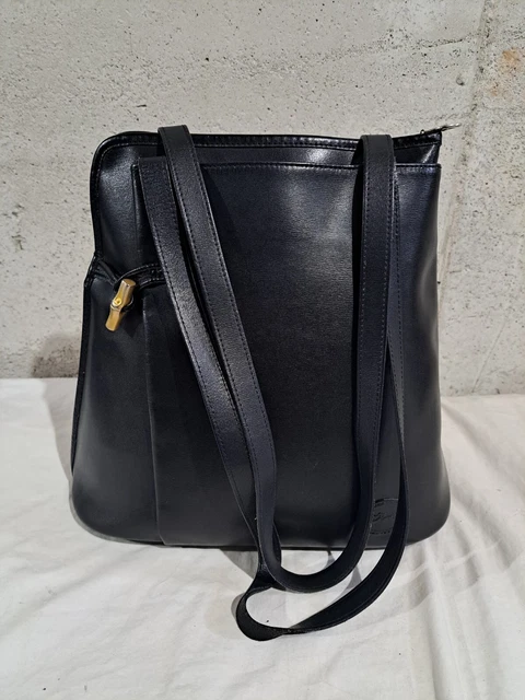 Vintage Longchamp Black Leather Handbag Shoulder Bag Tote Side zipper