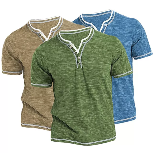T-Shirt Da Uomo A Maniche Corte Con Scollo A V Henley Pullover Top -
