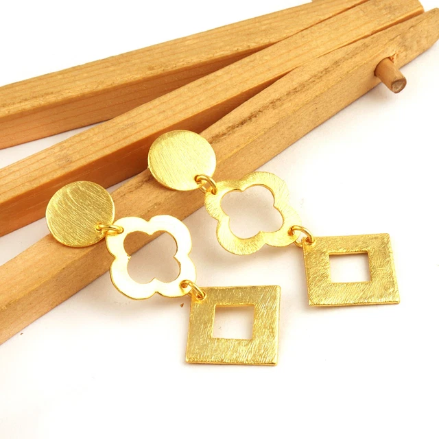 Solid Statement Brushed Finish Yellow Gold Plated Drop Stud Earrings For Women's