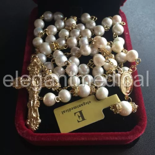 Catholic Gold 8Mm Real Pearl Beads Necklace Rose Rosary & Cross / Crucifix & Box