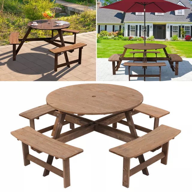 Outdoor 6/8 Seater Wooden Pub Bench Round Picnic Table furniture Garden Patio